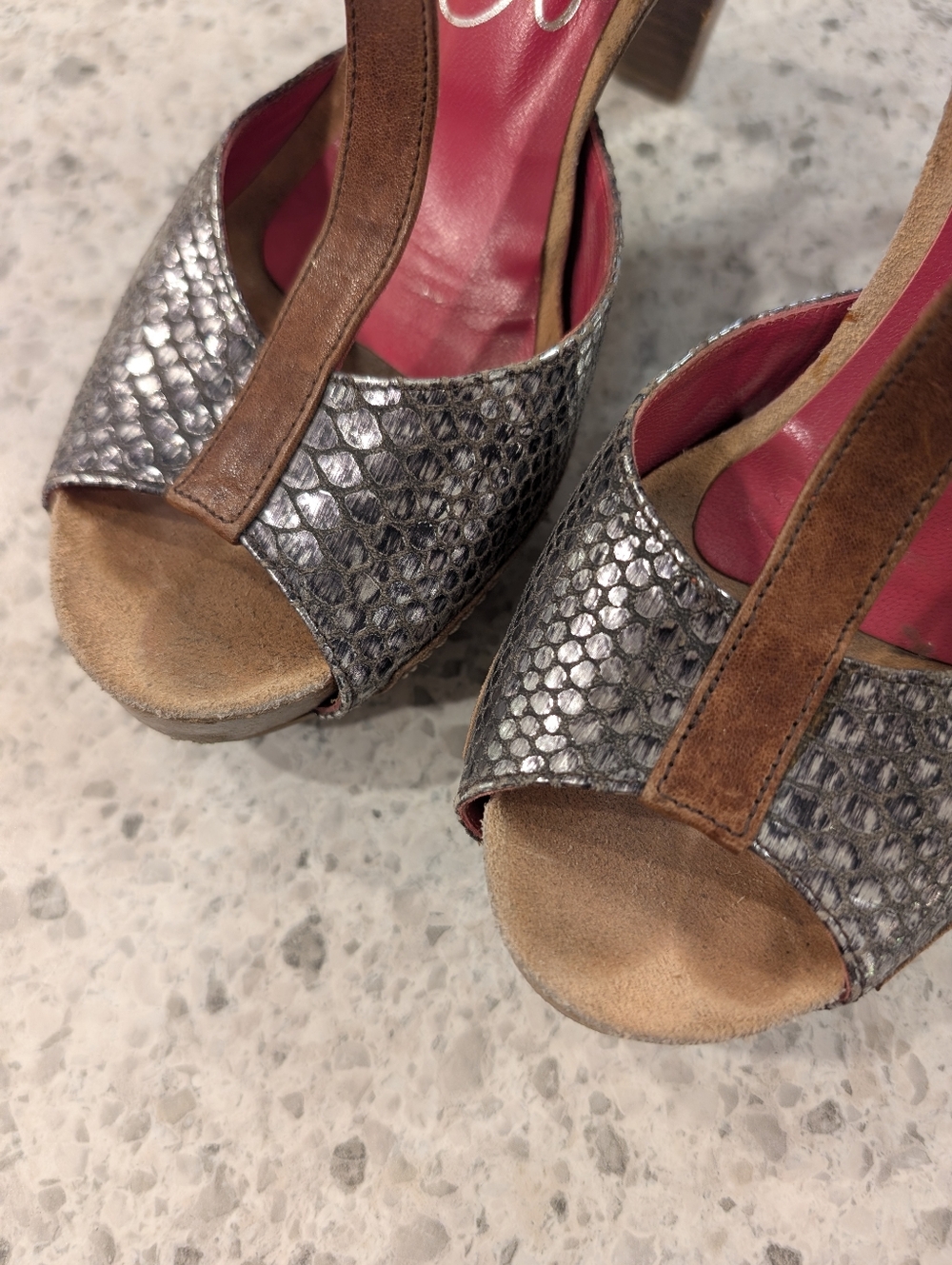 Chanii B Size 5 Platform Heels Leather Snakeskin Metallic Strappy Heeled Sandals - Picture 2 of 12